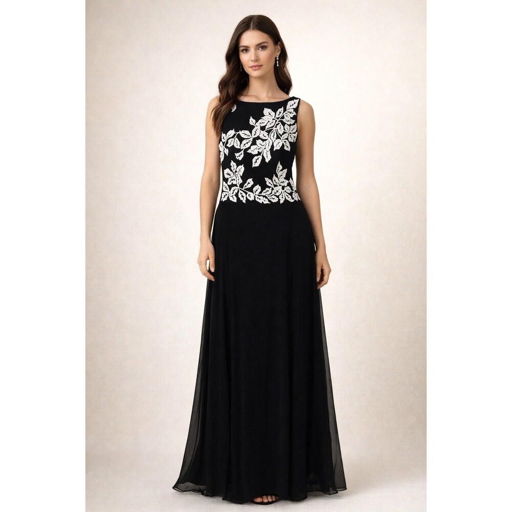 Vintage Tadashi Dress Small Black Beaded Floral Maxi 90s Mesh Gown Prom Wedding